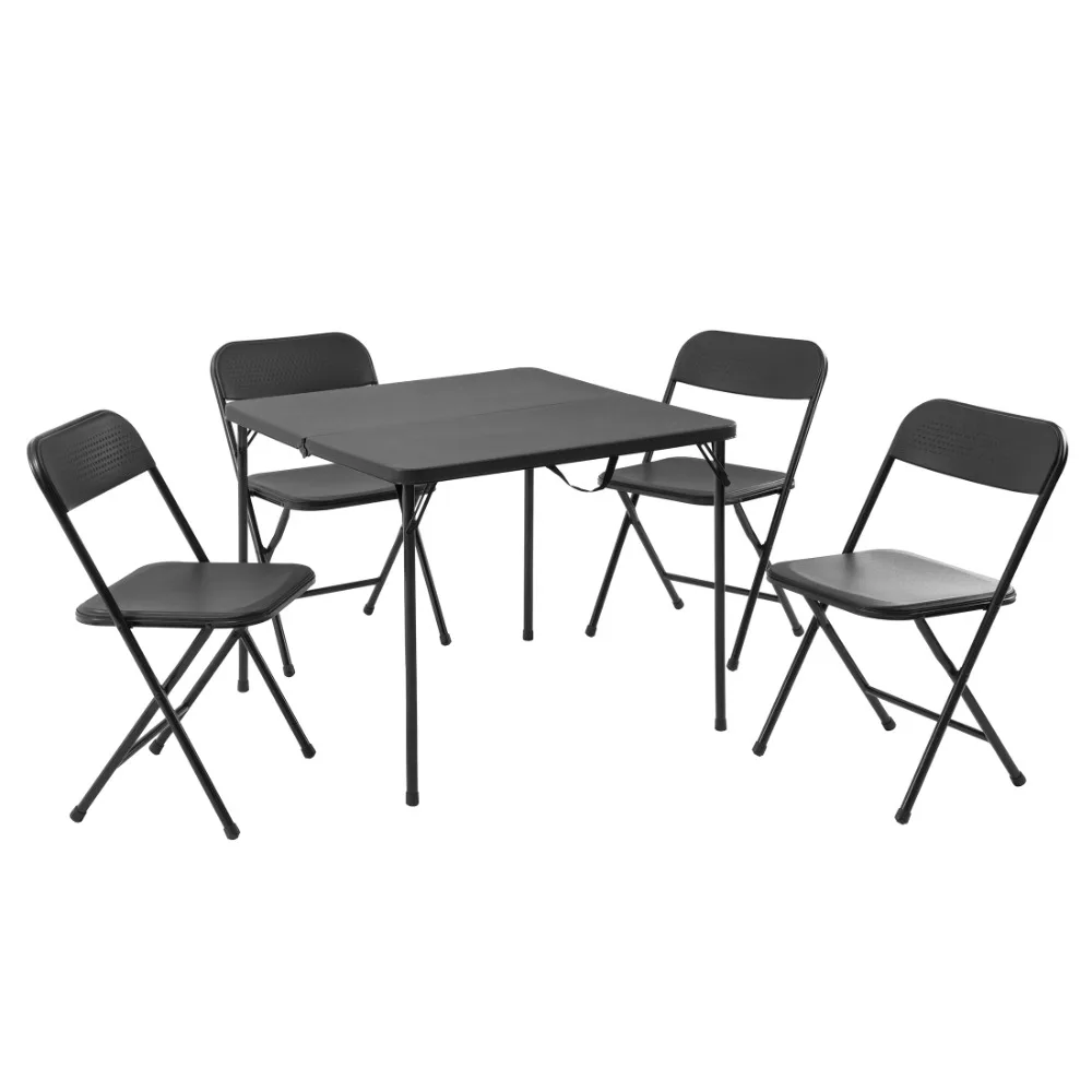 

Resin card folding table and set of four folding chairs, black
