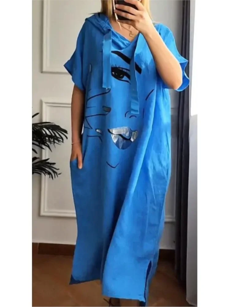 Повседневное свободное длинное платье с капюшоном женское модное большого