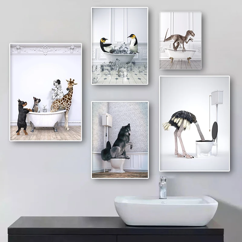 

Funny Bathroom Wall Decor Abstract Art Poster Canvas Painting Room Home Decor Toilet Bathtub Animal Ostrich Print Kids Restroom