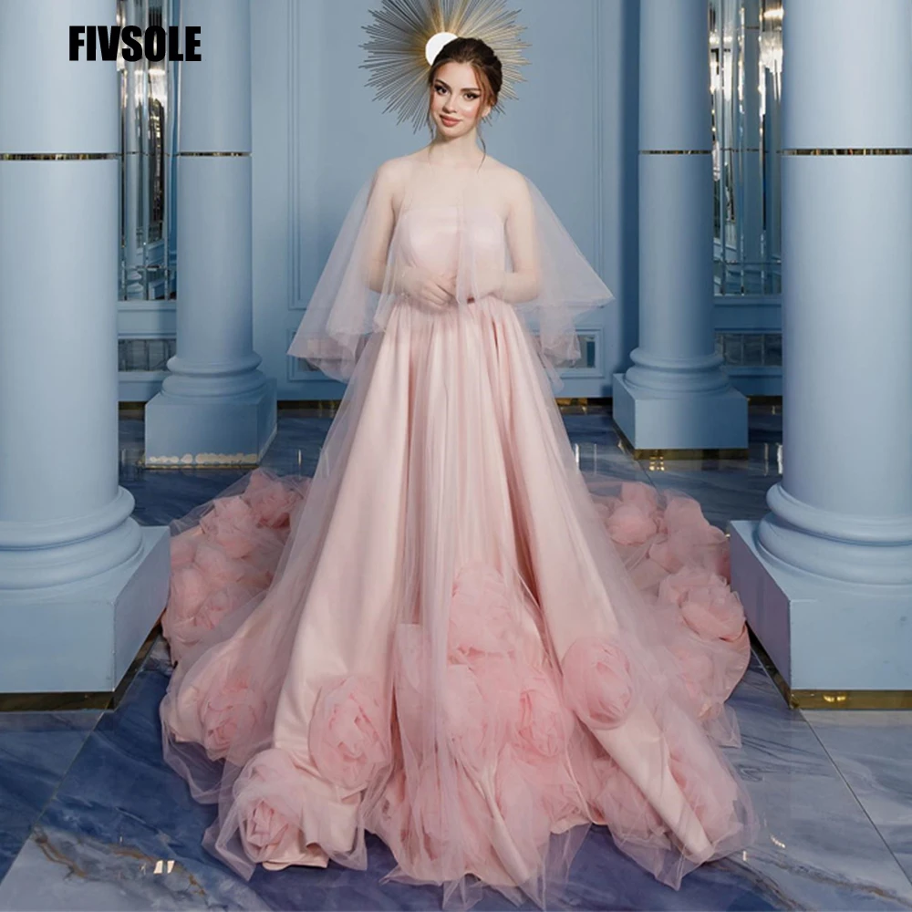 

Fivsole Elegant A-line Prom Dress Strapless Pink Evening Gowns Long Train With Flowers Party Formal Event Dress Robes De Soirée