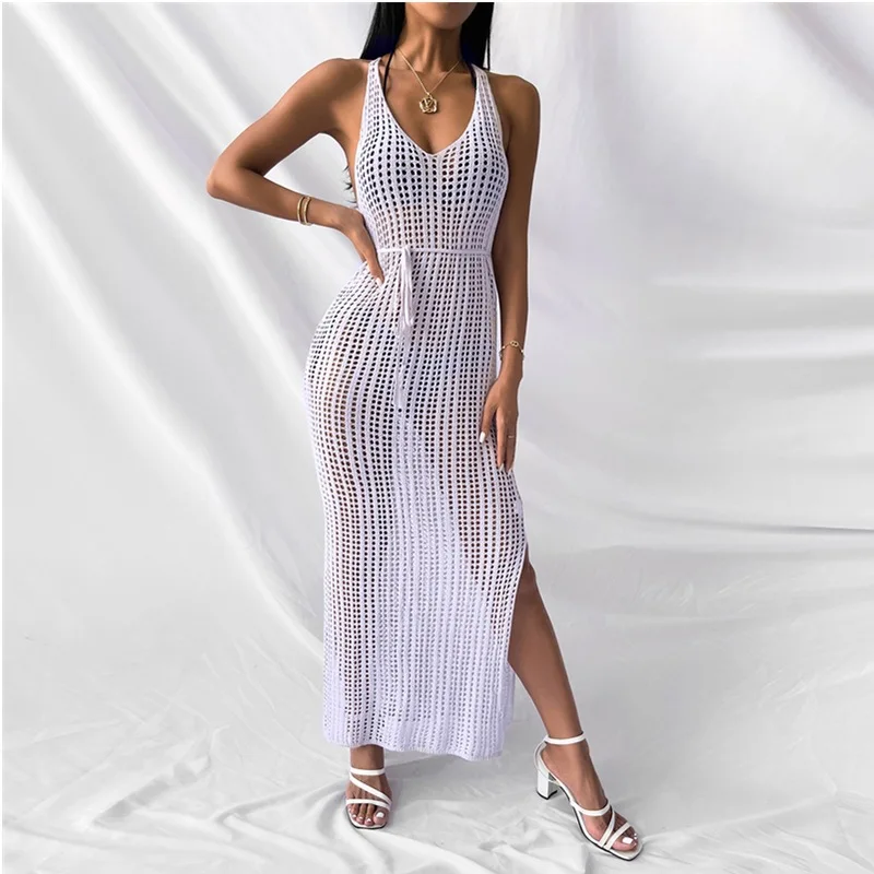 

2022 Women's Dress Beach Casual Women's Swimsuit Solid Color Knitted Sling Knitted Blouse Outer Dress