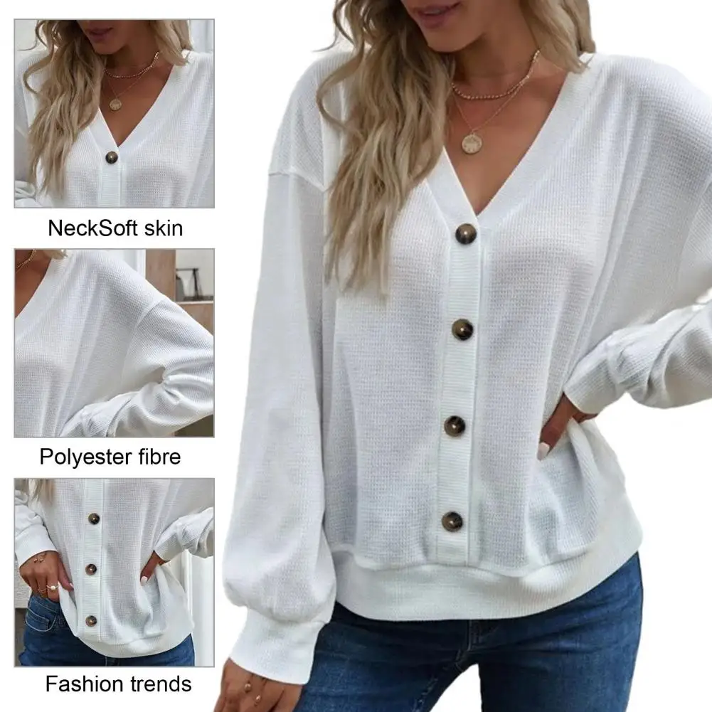 

Удобная женская футболка, Стильная осенне-зимняя женская футболка с V-образным вырезом и длинным рукавом, свободная однобортная блузка с вафельным принтом
