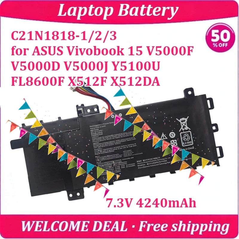 Фото Новая батарея C21N1818 для ноутбуков ASUS Vivobook 15 V5000F V5000D V5000J Y5100U FL8600F X512F X512DA, 7.3V 4240mAh №1