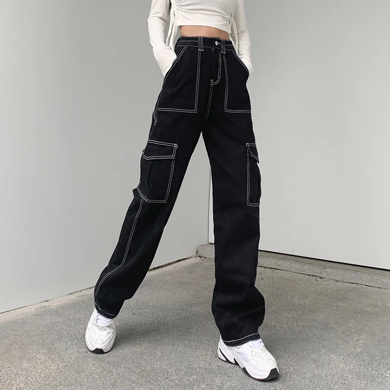 

Patchwork Baggy Jeans Women Fashion Streetwear 100% Cotton Denim Pants Loose Cargo Trouser Harajuku Spring Black Jeans New