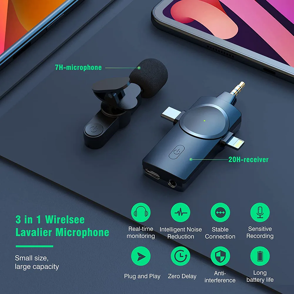 Wireless Lavalier Microphone 3in1 Lapel Recording for iPhone iPad Android Camera for Recording YouTube TikTok Live Stream enlarge
