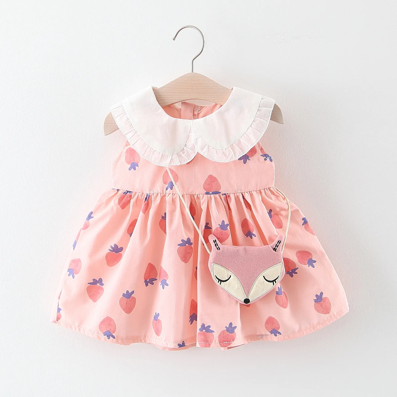 New Summer Baby Girls Strawberry Print Ruffles Lapel Collar Sleeveless Sundress Princess Party Kids Tutu Dress+Fox Bag Vestidos