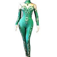 shining diamonds green print women jumpsuits nightclub singer dance performance costumes long sleeve skinny stretch bodysuits