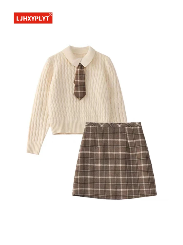 Twist Lapel Sweater + Retro Plaid Wool Skirt Set Womens Spring College Style Design Knitwear Blouse Short Skirt Two-piece Female