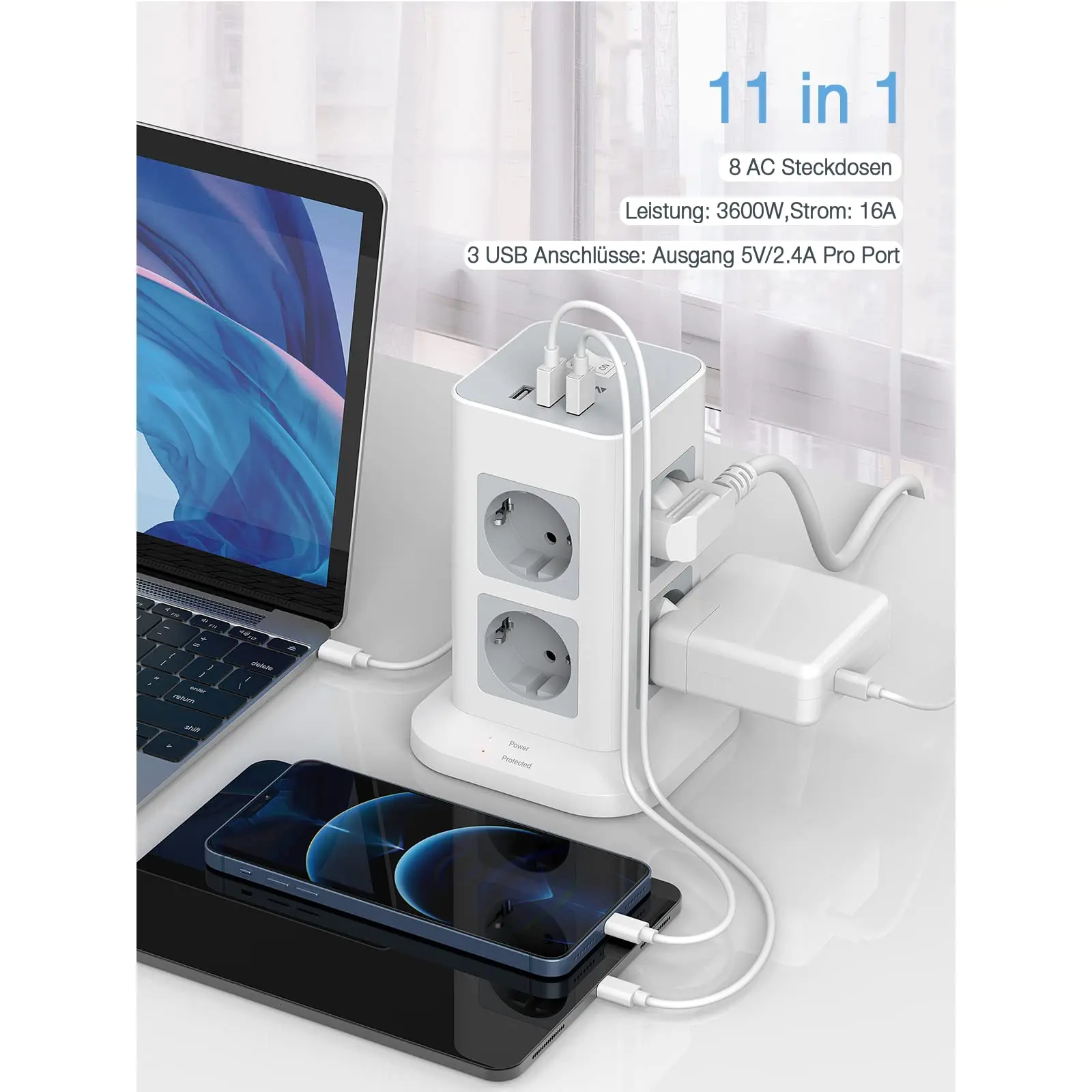 Удлинитель TESSAN с несколькими розетками 3/8 розеток переменного тока и 3 USB-портами -