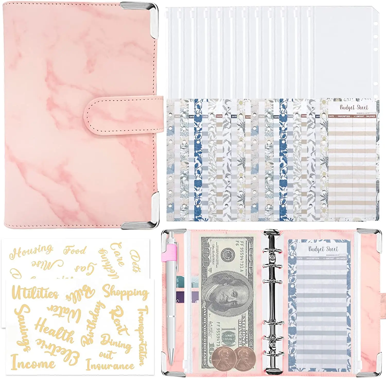 

A6 Budget Binder for Cash Stuffing Envelopes , PU Marble Leather Notebook Refillable Planner with Budget Sheets, Zipper Pockets