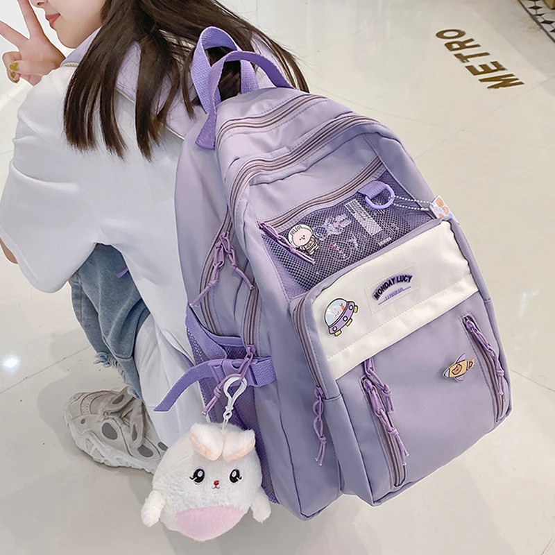 

Women's Kawaii Backpack with Kawaii Pin Waterproof Nylon Female Schoolbag College Lady Laptop Travel Book Bag For Girl Teenager