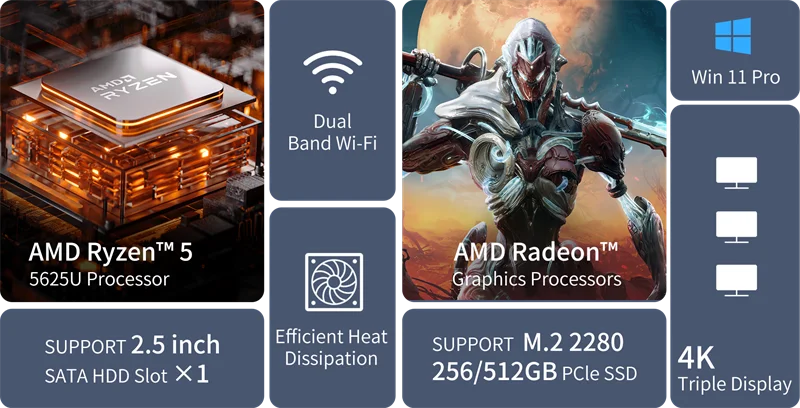 Мини-ПК Minisforum UM560 AMD Ryzen 5 5625U Windows 11 Dual Wifi M.2 2280 256/512 ГБ SSD 4K @ 60 Гц трислойный дисплей