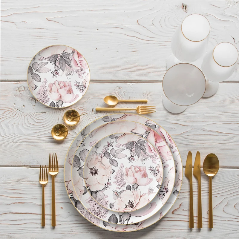 

Large Pink Gold Edged Ceramic Plate Restaurant Household High Quality Bone Porcelain Dishes and Plates Sets