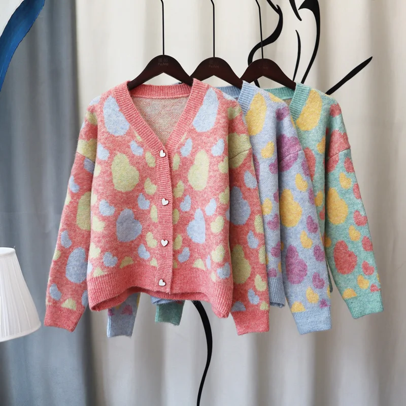 

Retro Contrast Color Fashion Sweater Coat Tide 2022 Autumn and Winter New Korean Version Loose Sweet Love Knitted Cardigan Women