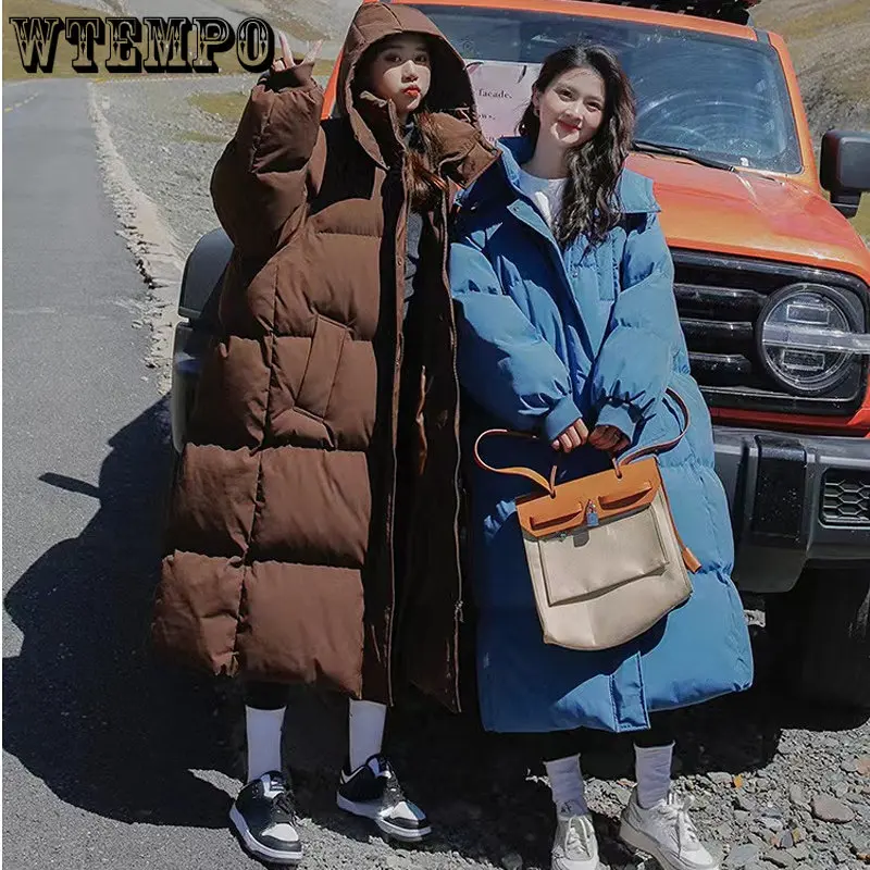 

WTEMPO Blue Down Jacket Hooded Long Cotton Winter Clothes Women Warm Thicken Windproof Korean Fashion Loose Coat Solid Tops