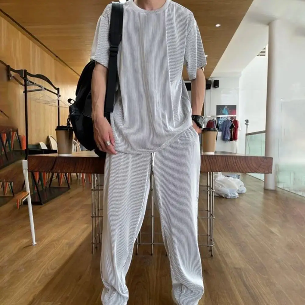 

1 Set Top Pants Solid Color Loose Summer Crew Neck Draping Outfit for Office