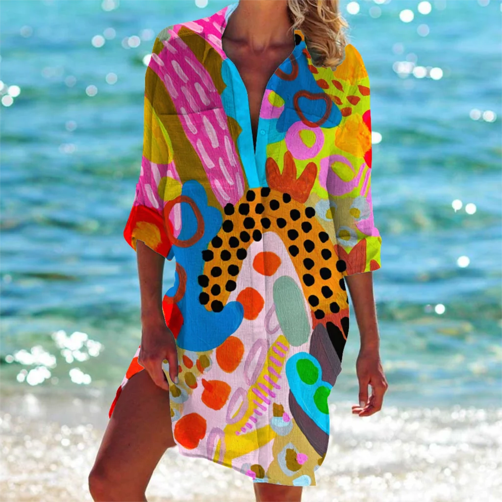 

Summer classic Women's commuter 3D print Bohemian women's frilled pocket hidden button party shirt beach skirt