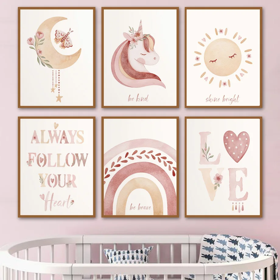 

Boho Rainbow Watercolor Love Nursery Posters And Prints Unicorn Wall Art Canvas Painting Wall Pictures Baby Girl Room Home Decor