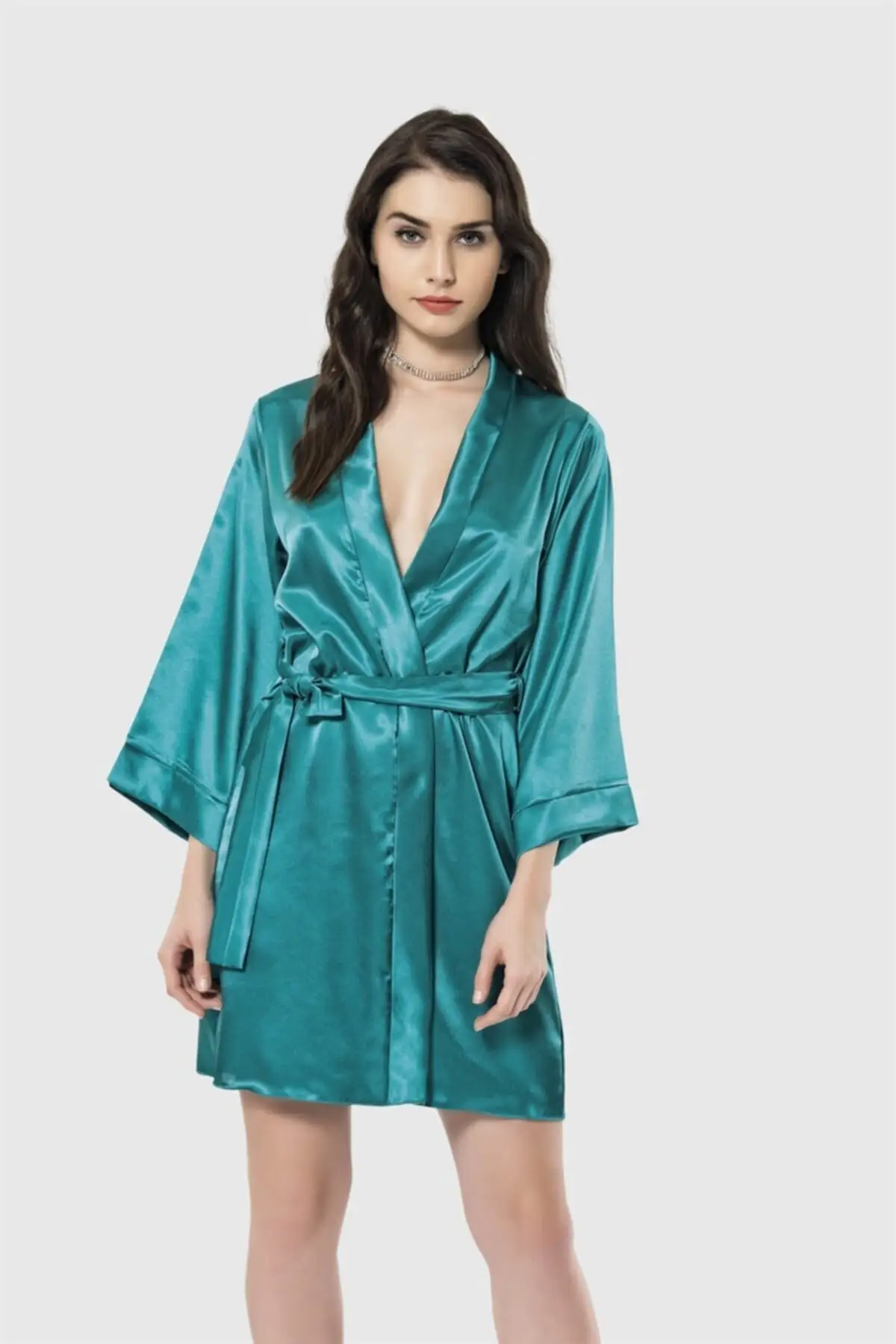 

Short emerald satin negligee Dressing Gown