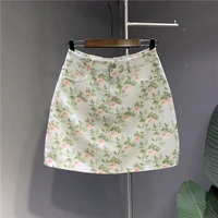 2022 summer korean style flower print denim skirt hot girls short pink a line skirts for women clothes high waist slim skirts