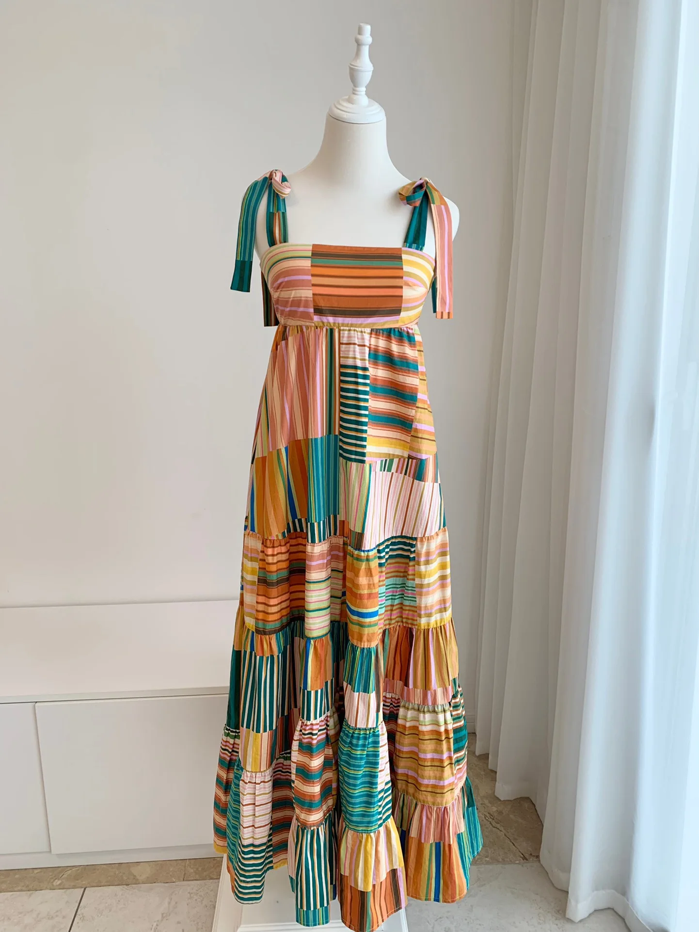 Women Hoiday Wear Multicolor Striped Organic Cotton Big Swing Strapless Dress
