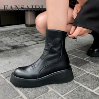 fansaidi fashion womens shoes zipper platform boots matin boots winter new genuine leather 5 5cm flats ankle boots short boots