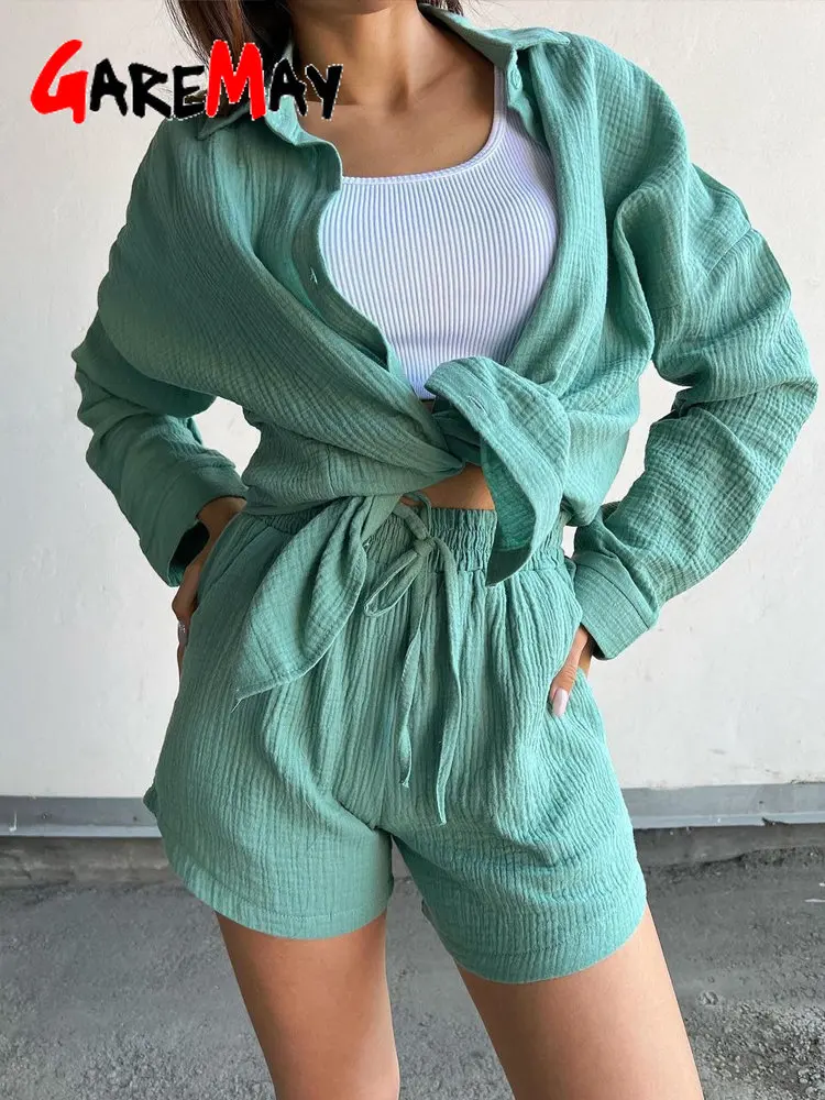 

Летний женский костюм с шортами, сексуальный наряд, хлопковая рубашка, элегантные свободные шорты с длинным рукавом из двух частей, комплек...
