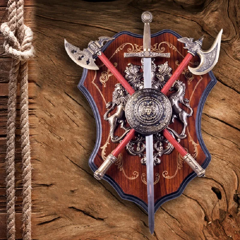 

Retro Medieval Shield Art Sword And Axe Wall Hanging Ornament Mural Cafe Bar Creative European Home Decoration Luxurious Elegant