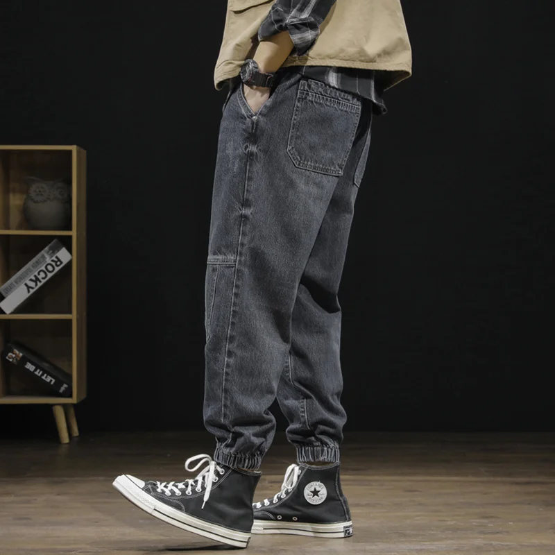 Men Clothing Autumn and Winter Straight Loose Splicing Cylinder Jeans Vintage Comfortable Navy Blue Large Harun Trousers Female