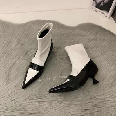 

Black White Leather Boots Women Tight Pointed Toe Stiletto Kitten Low Heel Ankle Calf Booties Gladiator Mixed Colors Shoes