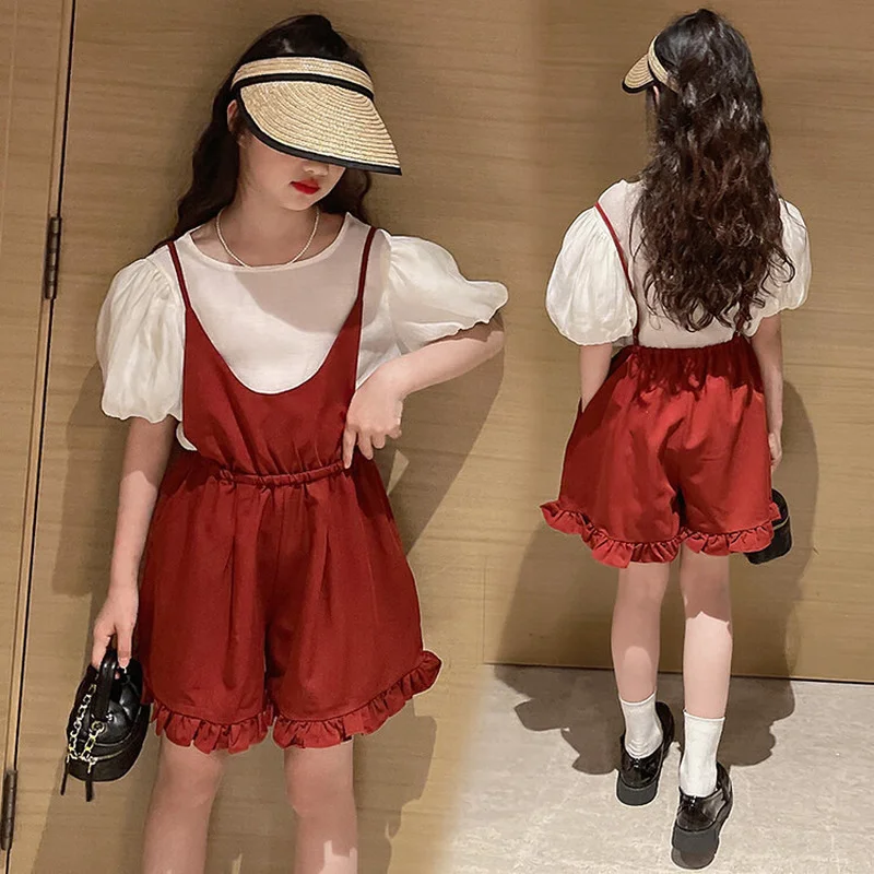 Детская одежда для девочек летняя рубашка с пышными рукавами и комбинезоны