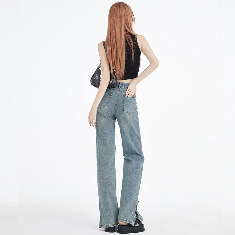 Vintage Blue Jeans Women's Pants High Street 2023 Summer New Foot Opening Split Zipper Button Loose Wide Leg