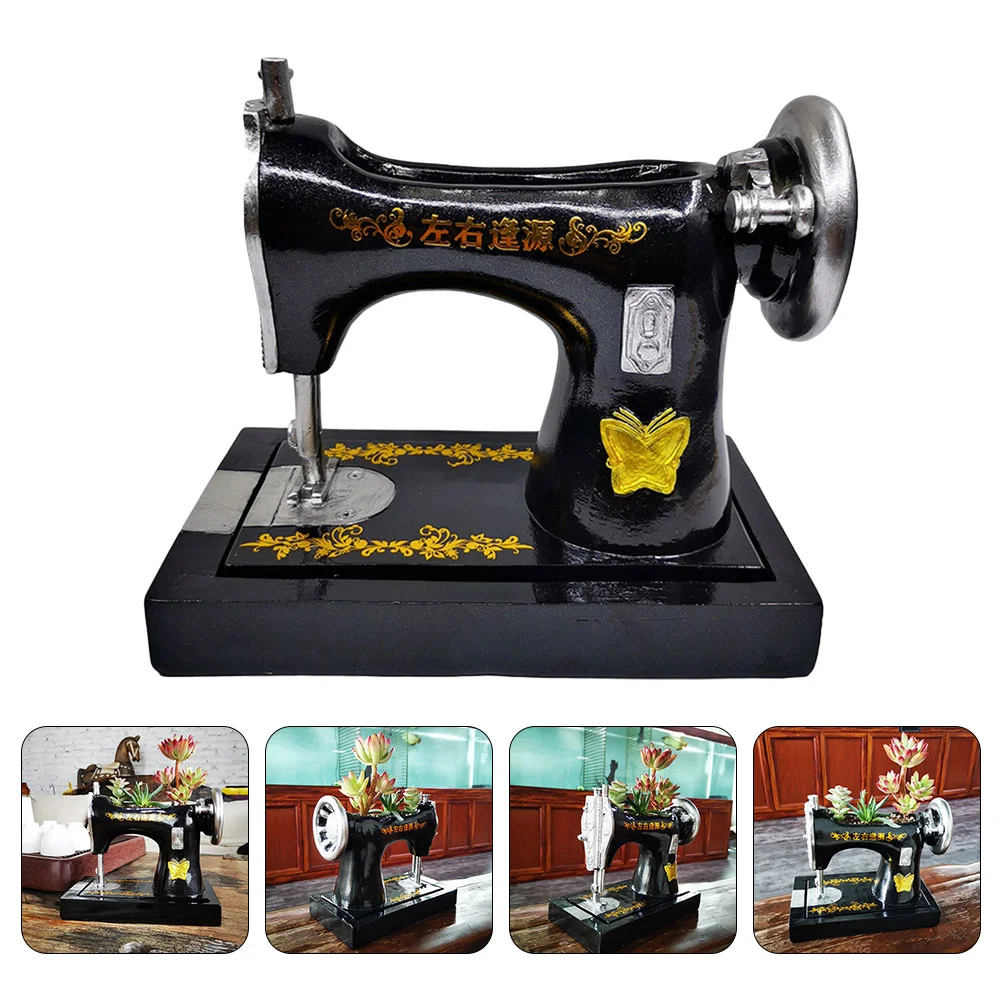 

1pc Mini Flowerpot Elegant Sewing Machine Resin Succulent Planter Desktop Adornment