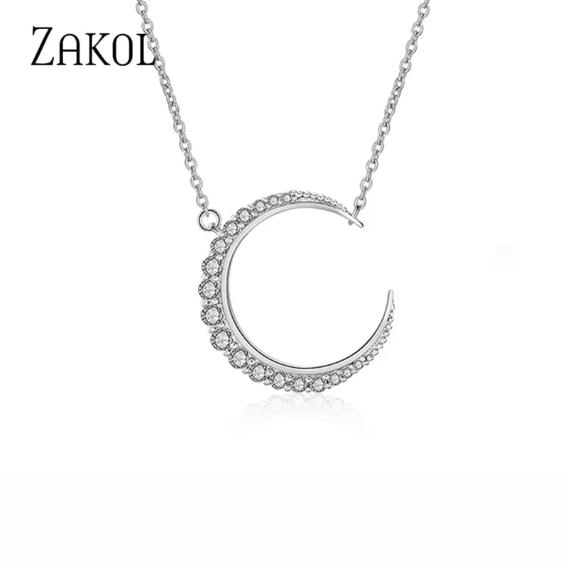 

ZAKOL Delicate Cubic Zircon Curved Crescent Moon Pendant Necklace for Women Fashion Party Jewelry Birthday Gift FSNP2034