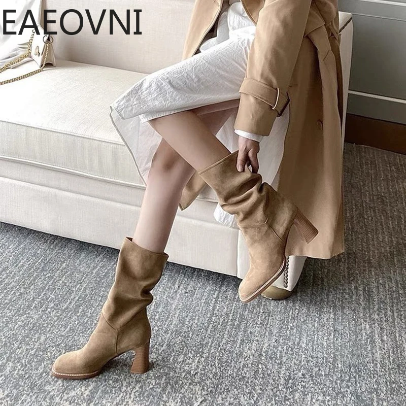 

Retro High Heel Woman Western Cowgirl Boot Fashion Slip On Mid Calf Booties Designer Winter Women's Shoes