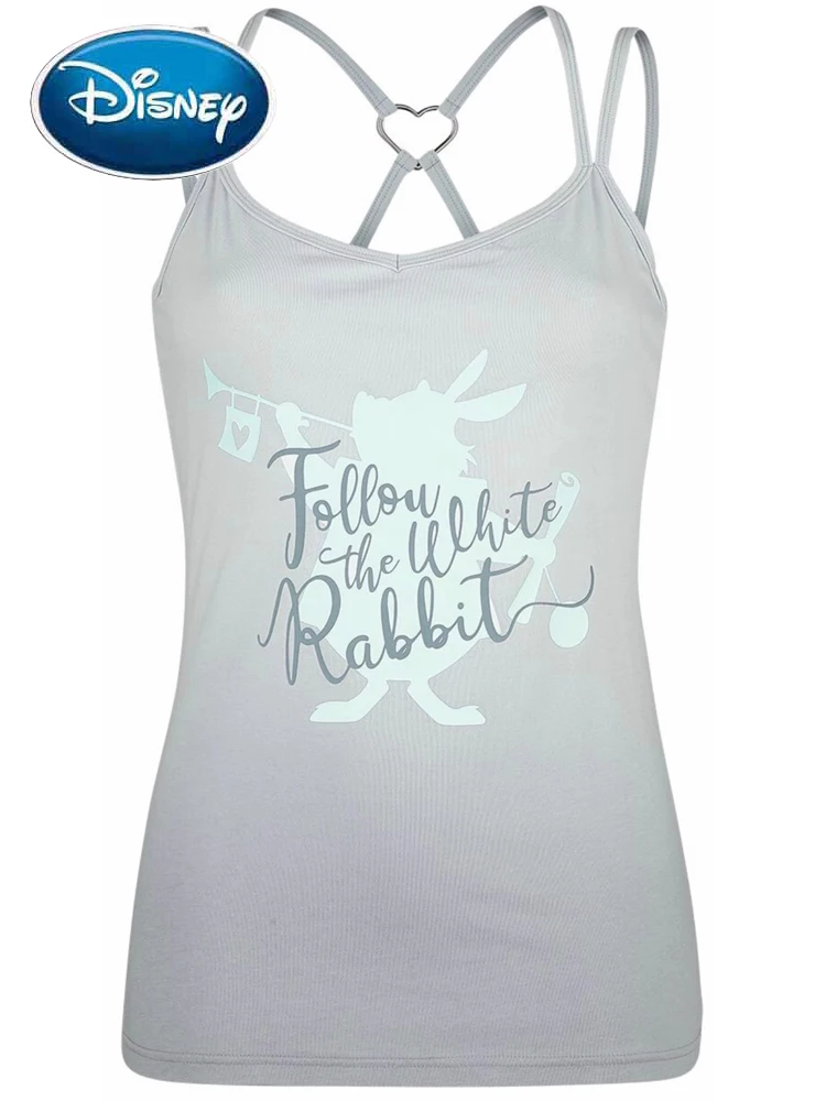 

Disney Sexy Alice in Wonderland, белая футболка с рисунком кролика из мультфильма, градиентная футболка для женщин, пуловер с круглым вырезом, жилет, топ на бретельках