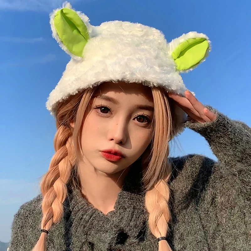 

Autumn Winter Women Lamb Wool Bucket Hat Sheep Ear Plush Panama Caps for Girls Warm Faux Fur Soft Female Fisherman Sun Hats