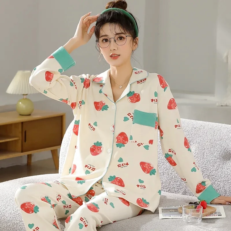 

Summer Cotton Women Pajama Sets Long Sleeved Cartoon Sleepwear Elegant Women's Pajamas Set Pyjamas Nightwear Home Pijama Mujer