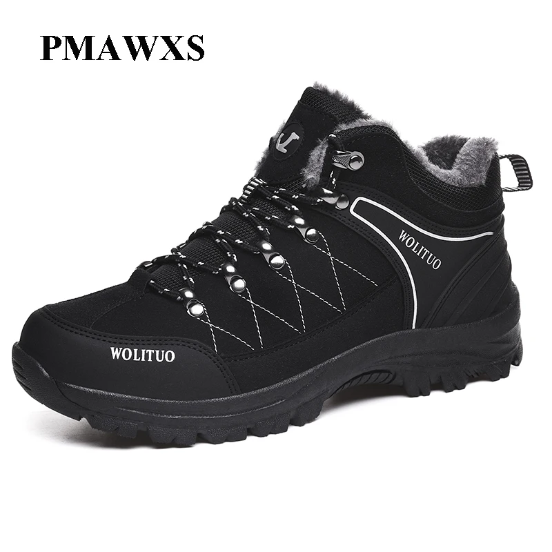 

PMAWXS Women's Men Boots Plush Thick Bottom Non-slip Winter Snow Shoes Leather Waterproof Sneakers Outdoor Warm Hiking Boot Man