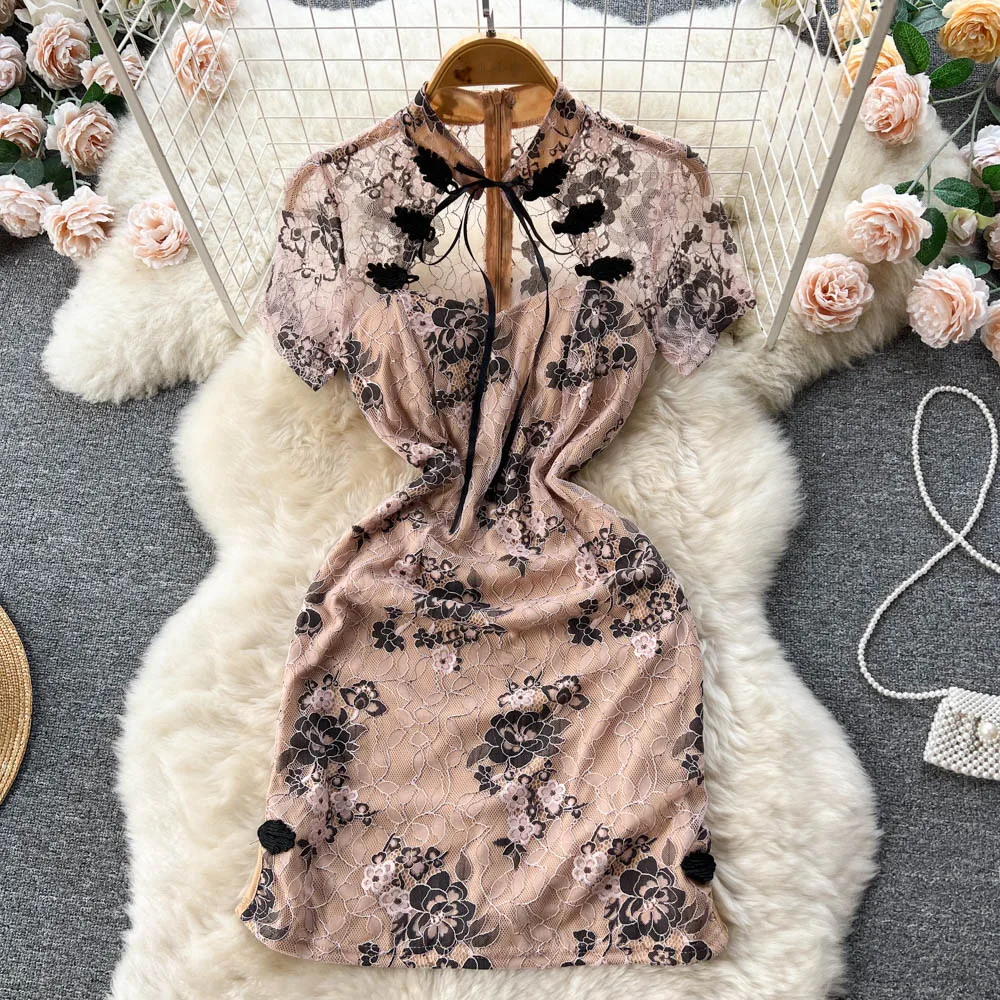 

Retro Chinese Improved Cheongsam Women's 2023 Summer New Fashion Short Sleeve Lace Embroidery Fitting Slit Dress Vestidos J124