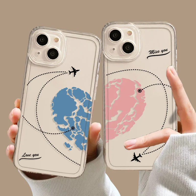 

Aircraft Love Heart Couple Phone Case For iPhone 13 11 12 14 Pro Max Mini XS Max Xr SE 8 14 Plus Plane Transparent Cover Fundas