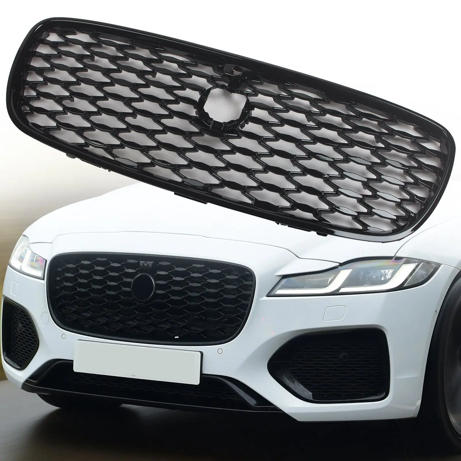 

For 2021-2022 Jaguar XF Mesh Front Bumper Upper Grille W/camera Gloss Black