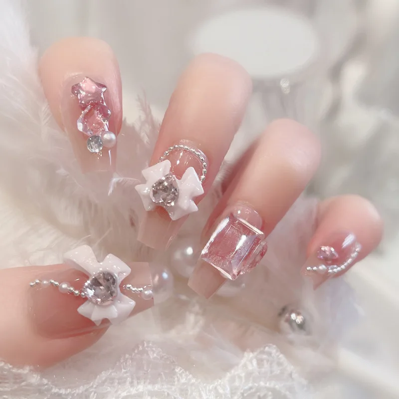 

24pcs Sweet Pink Crystal False nail Tips for Bride lady Wearable Ins French Bow Design Press on Nails Mid Length Fake Nail Patch