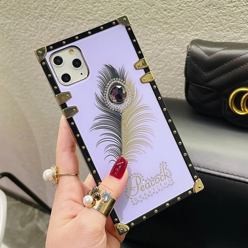 

Bling Glitter Feather Crystal Diamond Metal Frame Square Phone Cases for Samsung A02s A12 A22 A32 A52 A72 A51 A71 A70 Back Cover