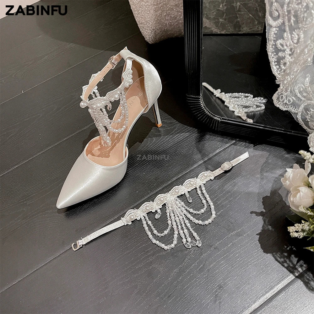 Pearl Tassel Women Heels Luxury Silk Pointed Toe Wedding Shoes Bride Summer Sexy Stiletto Shallow Out Evening Women Heels