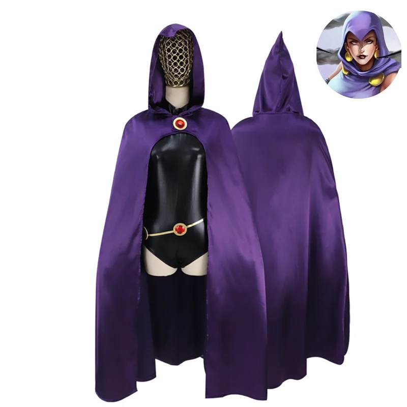 Halloween Teen Titans Superhero Anime Raven Cosplay Party Fashion Women Black Bodysuit Purple Hooded Cloak Jumpsuits Set Costume