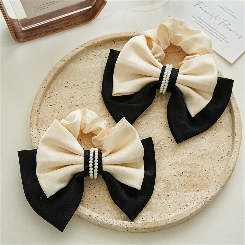 

Satin Color-Blocking Bow Large Intestine Hair Ring Classic Pearl Knotted Black and White Color High Elasticity Beam Headdress