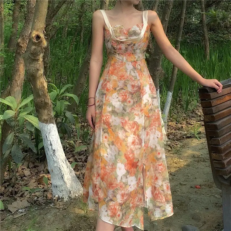 

Women Dress 2022 Summer Chiffon Vintage Casual Straight Spaghetti Strap Slash Neck Floral Sweet Girls Dress