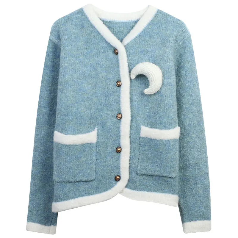 

Single Breasted Woman V-Neck Cardigan Solid Hollow Out Blue Color Elegant Knitted Sweaters Female Casual Outwear Autumn Korean