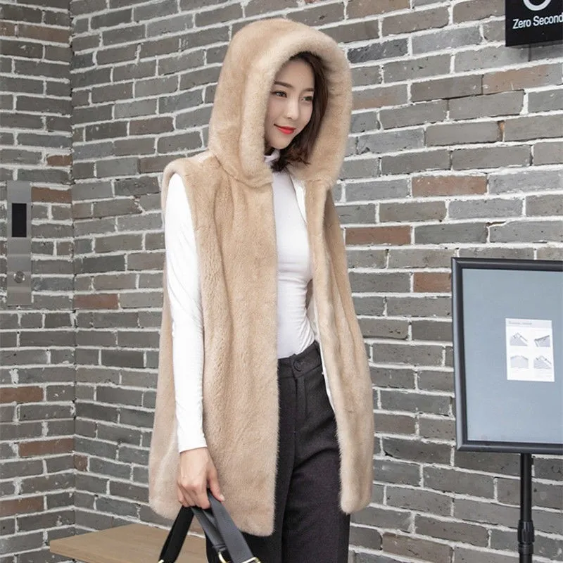 

High Quality Warm Long Faux Fur Women Vest Winter Hooded Solid Sleeveless Coat